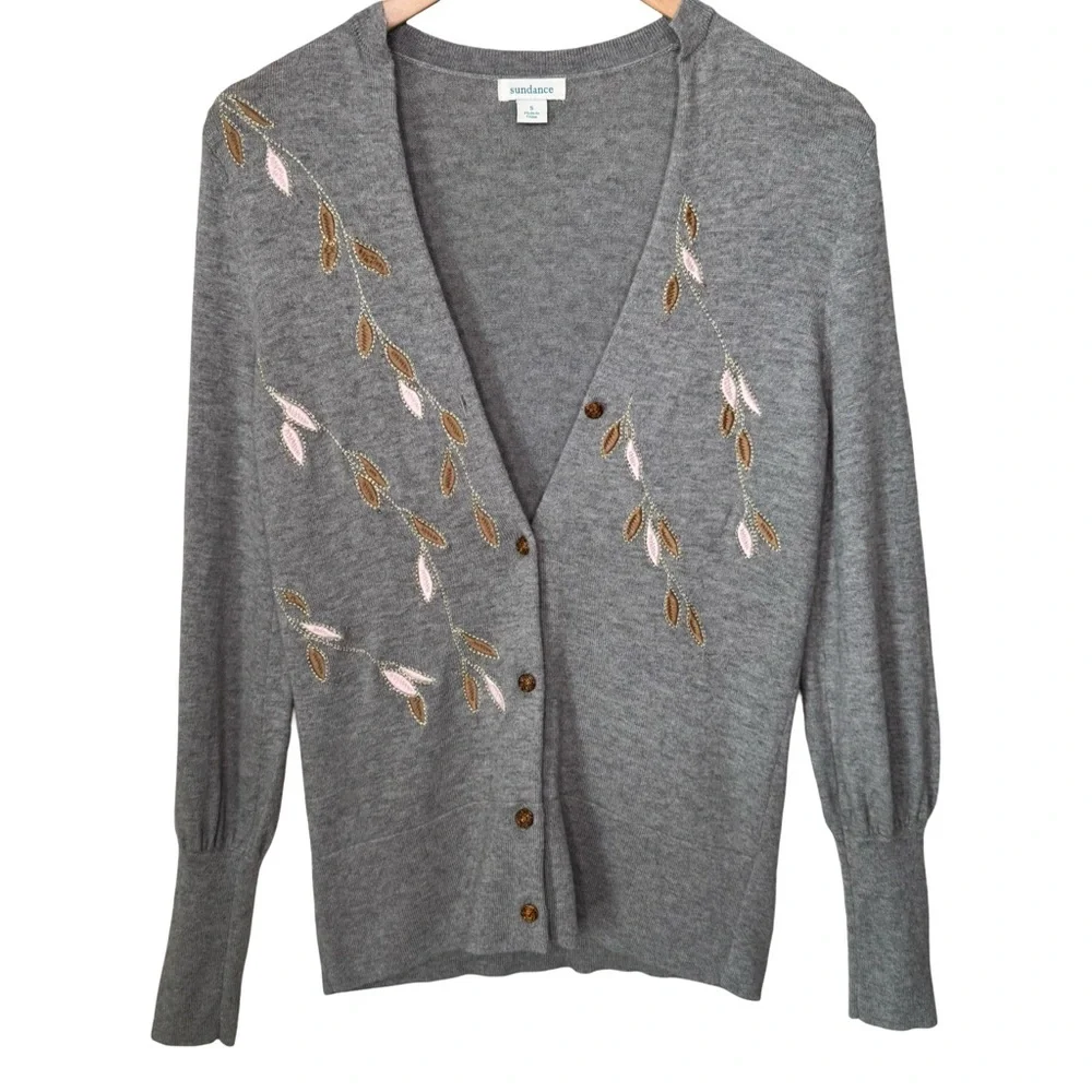 SUNDANCE Afterlight Gray Embroidered Cardigan Merino Wool Cotton Embellished SM - Picture 4 of 16